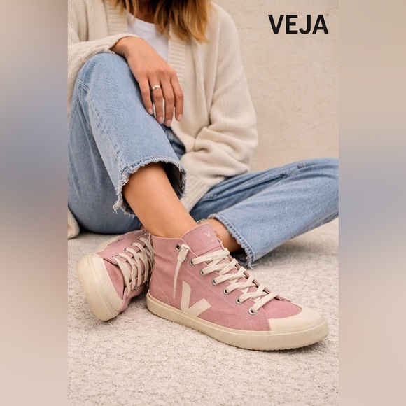 Veja Shoes - Veja Pink High-Top Canvas Sneakers with Cream Accents